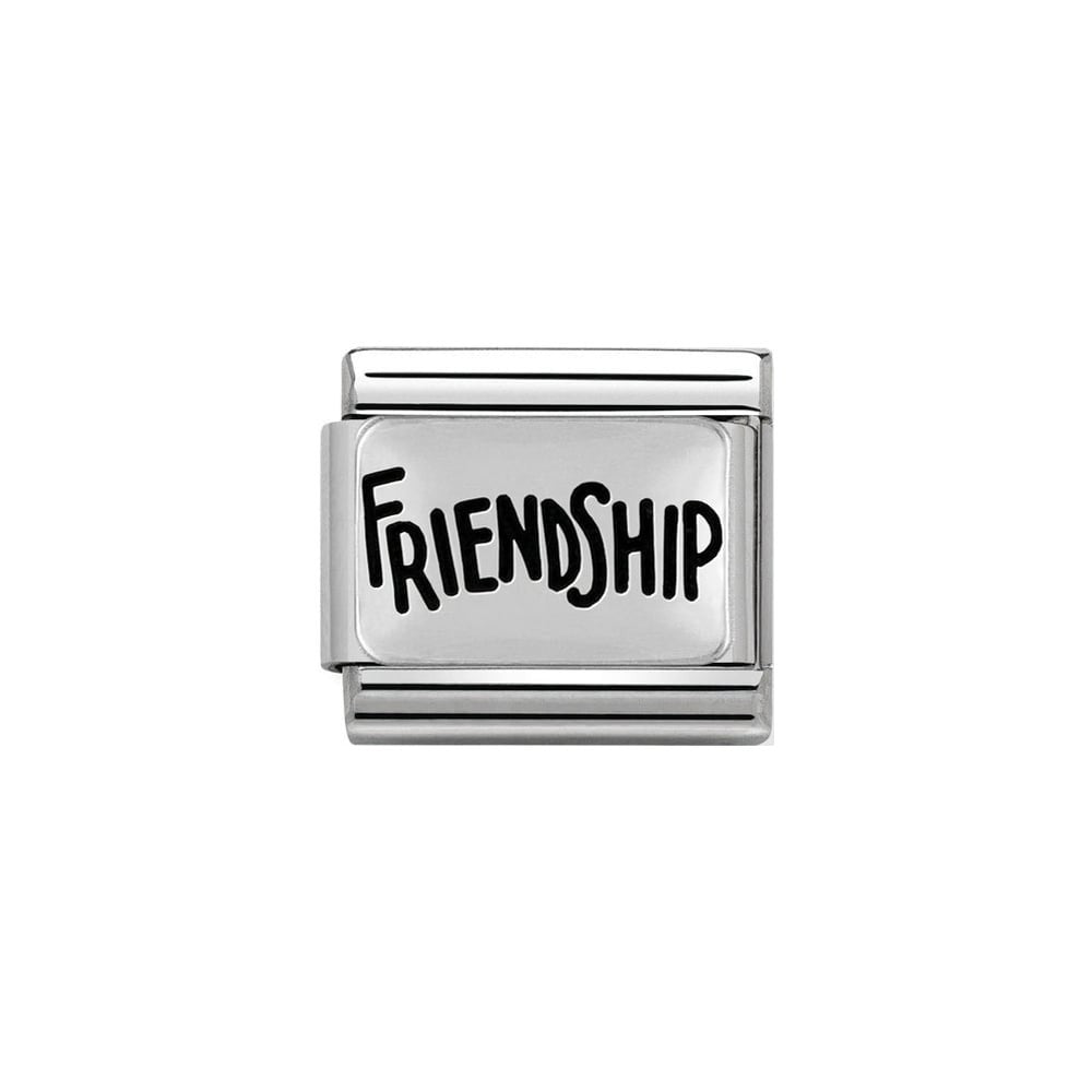 Niche Jewellery silver oxidised charm with "Friendship" engraved in black.
