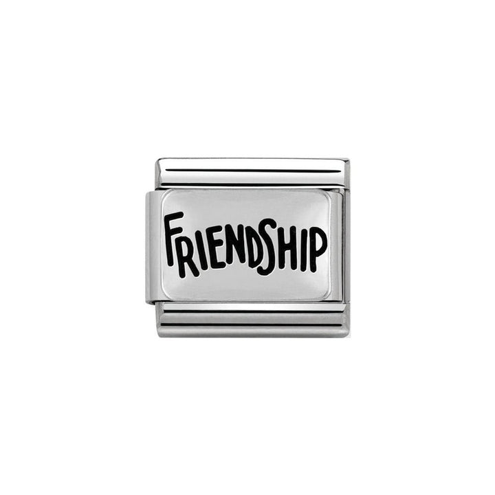 Niche Jewellery silver oxidised charm with "Friendship" engraved in black.