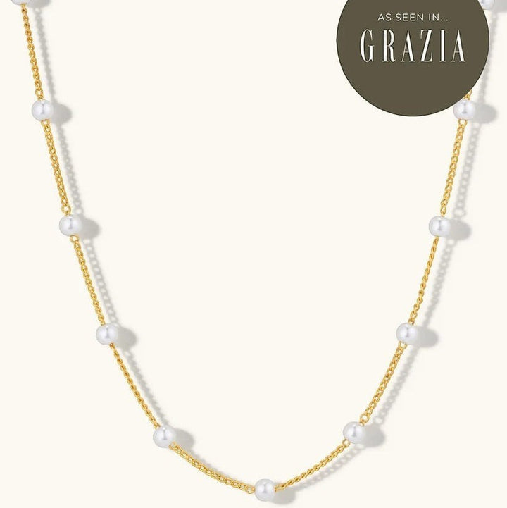 Niche Jewellery Formation Co Gaia pearl necklace featuring lustrous freshwater pearls on an 18k gold plated sterling silver chain.