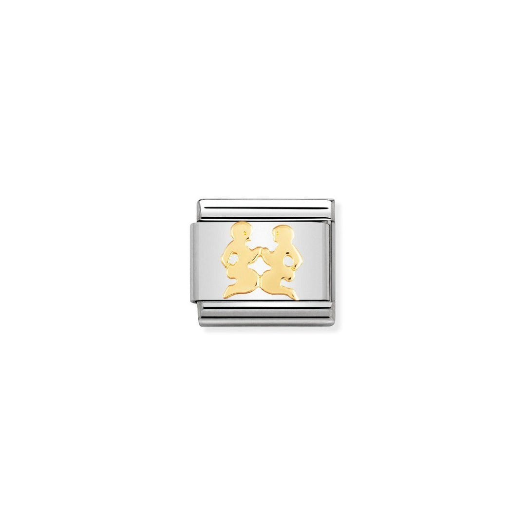 Niche Jewellery stainless steel charm with 18k gold Gemini twins symbol. For Nomination Composable bracelets.