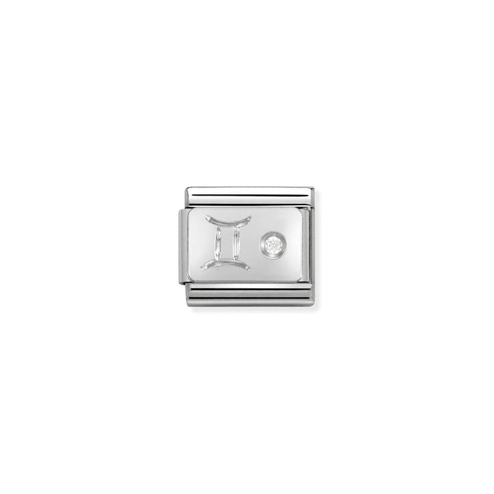 Niche Jewellery silver and cubic zirconia Gemini zodiac charm with stainless steel base.