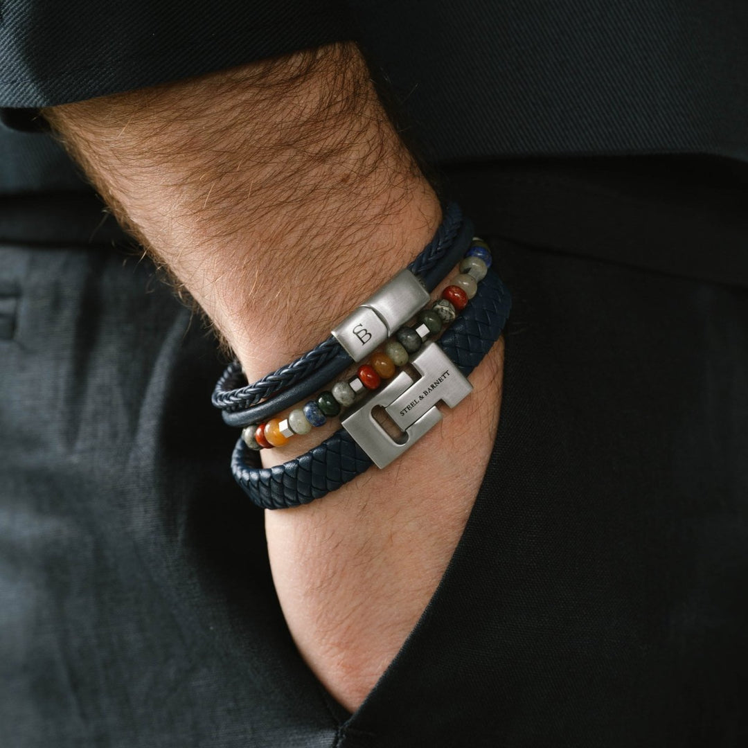 Niche Jewellery Steel & Barnett Cyrus gemstone and braided leather bracelet stack with stainless steel details