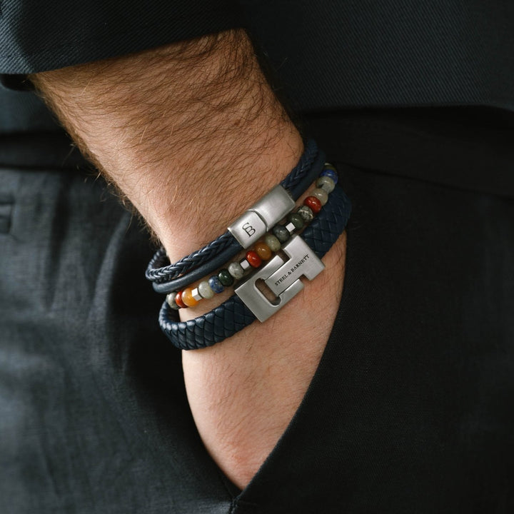 Niche Jewellery Steel & Barnett Cyrus gemstone and braided leather bracelet stack with stainless steel details