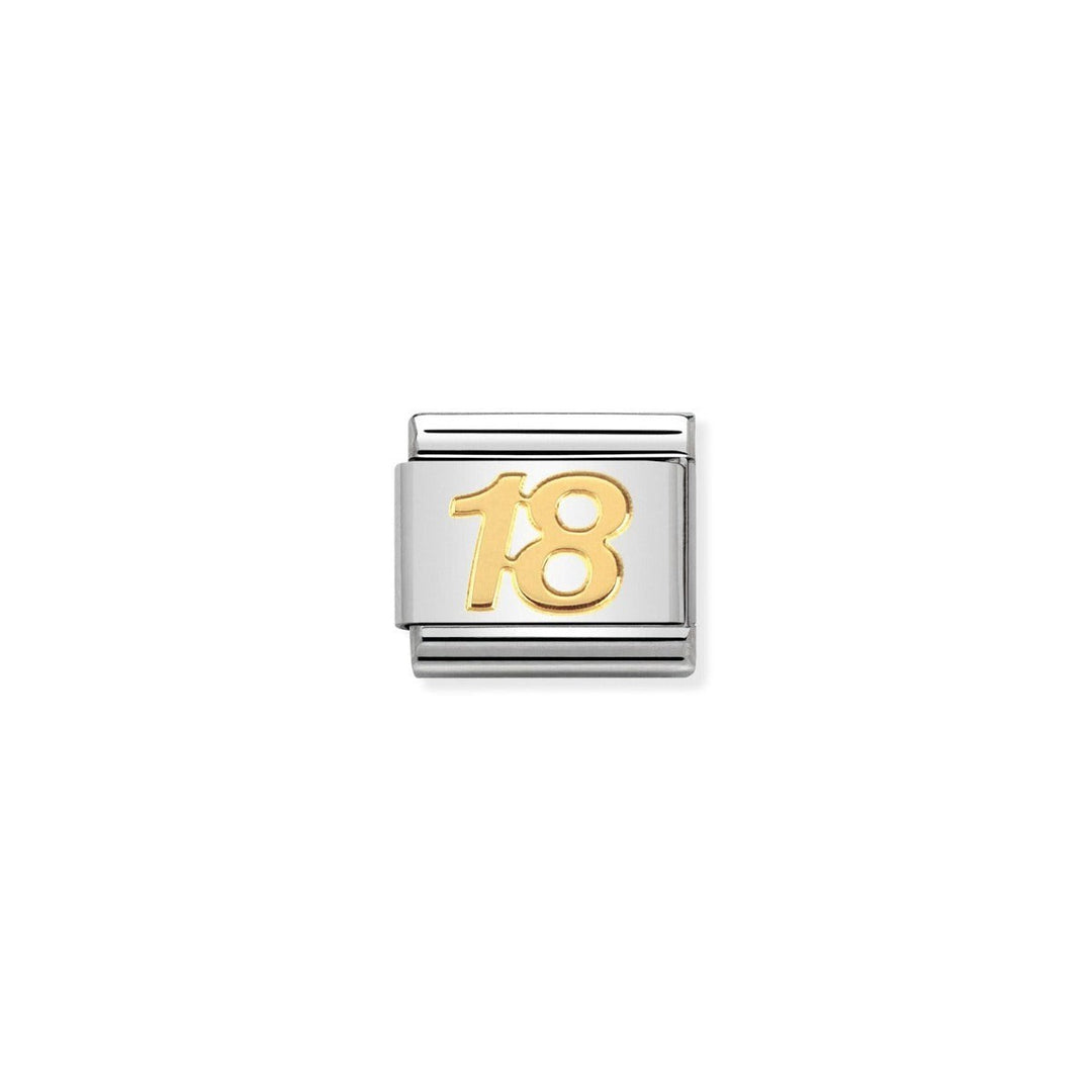 Niche Jewellery stainless steel charm with a gold '18' number design, perfect for an 18th birthday.