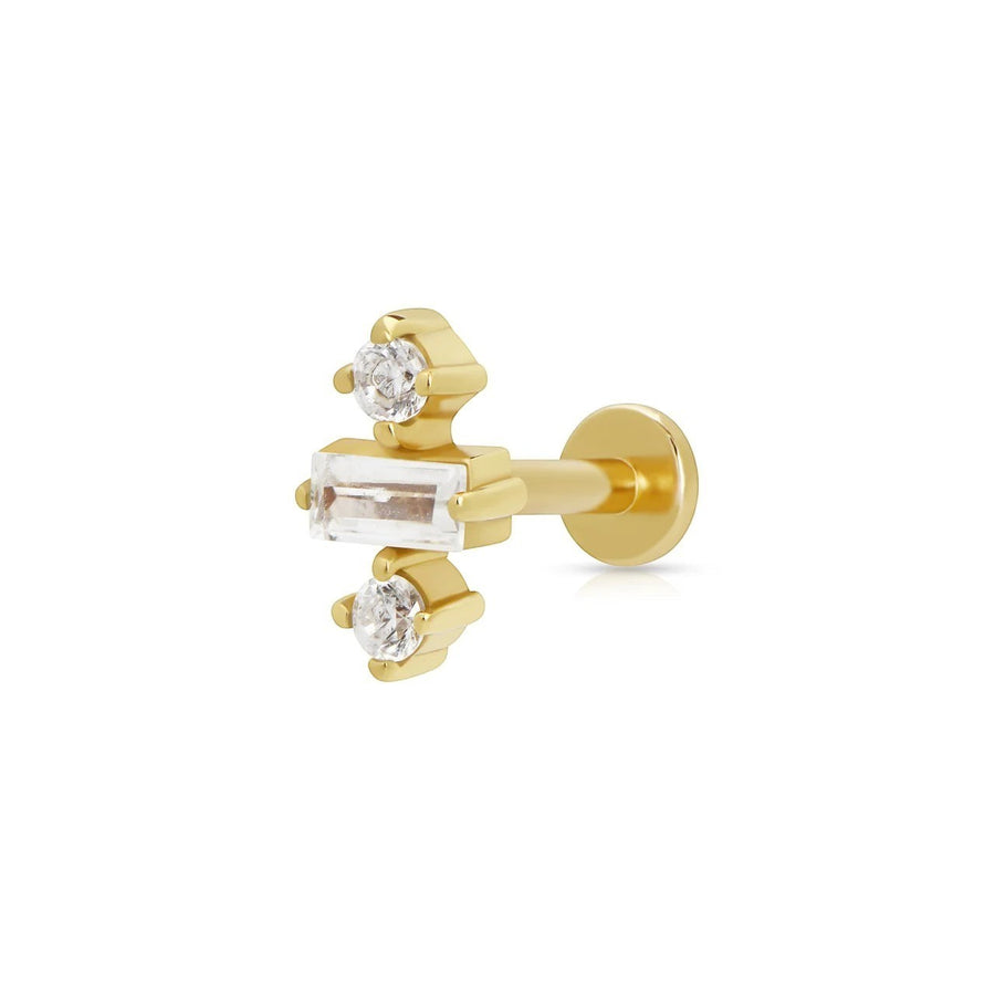 Niche Jewellery Scream Pretty gold-plated sterling silver flat back stud earring with baguette and round stones.