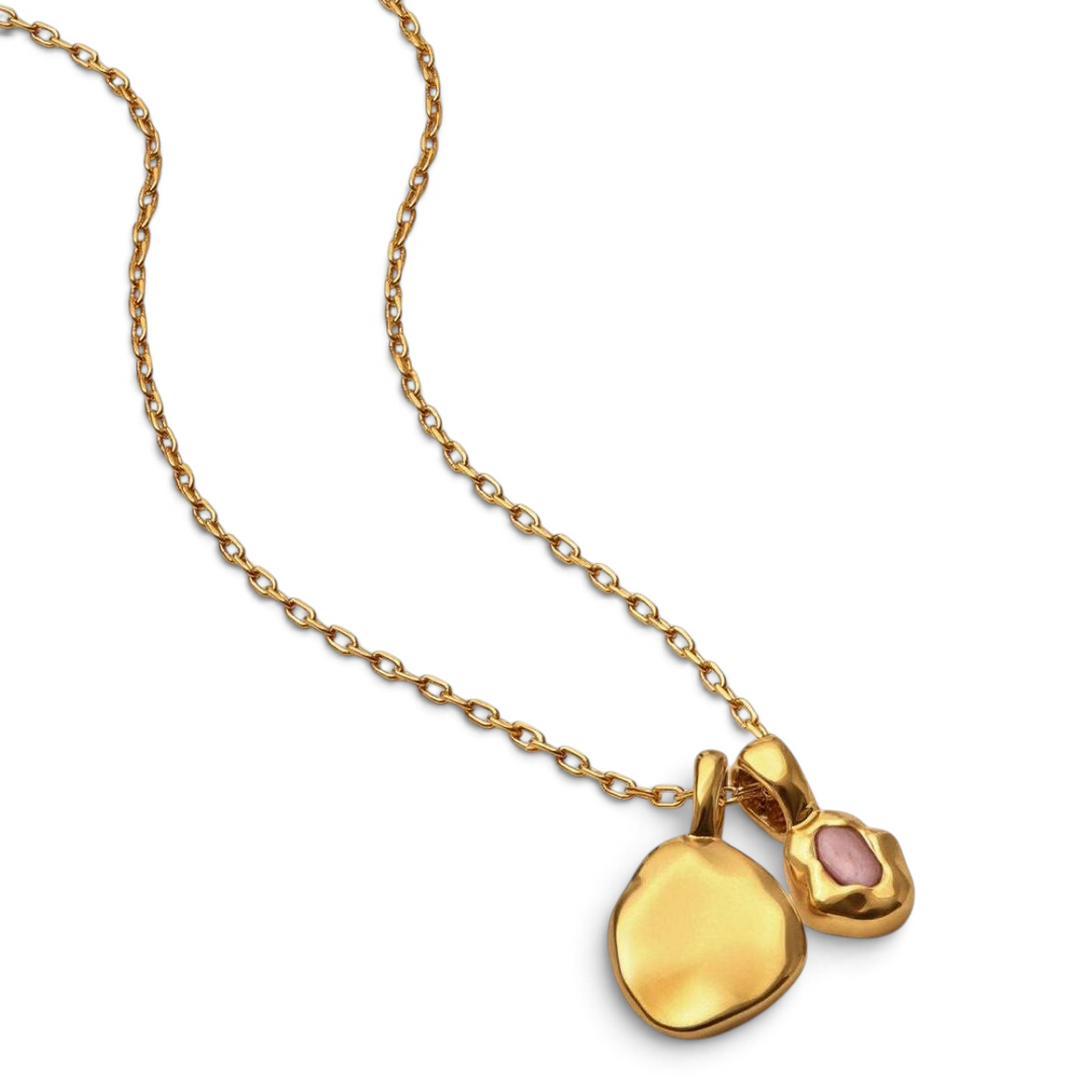 Niche Jewellery Katie Loxton gold waterproof necklace featuring a pink October birthstone and a smooth gold charm.
