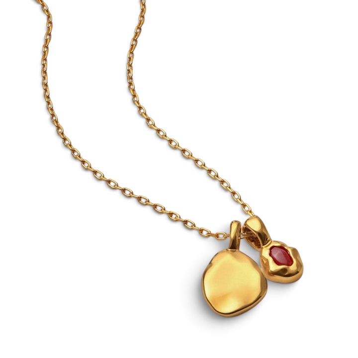 Niche Jewellery Katie Loxton January birthstone necklace with a gold-tone chain, gold pendant, and deep red stone.