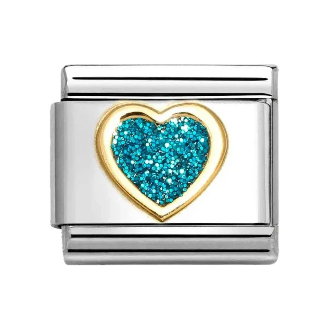 Niche Jewellery Nomination stainless steel charm with an 18k gold heart frame and light blue glitter enamel inlay.