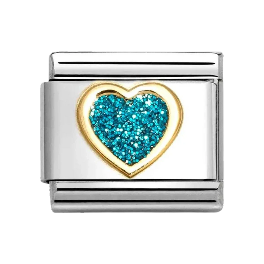 Niche Jewellery Nomination stainless steel charm with an 18k gold heart frame and light blue glitter enamel inlay.