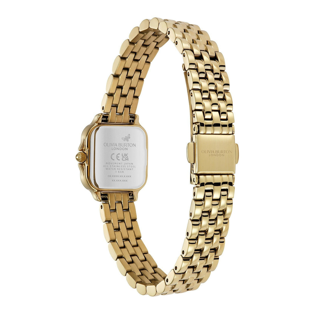 Niche Jewellery Olivia Burton Mini Grosvenor gold-tone bracelet watch showing the case back and clasp detail.