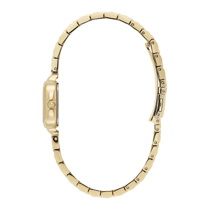 Niche Jewellery Olivia Burton Mini Grosvenor watch in gold tone with a bracelet strap, side profile view.