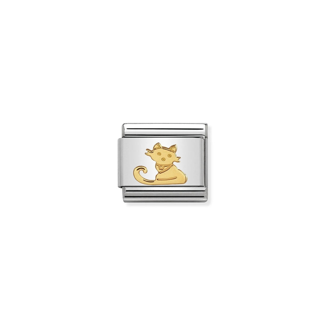 Niche Jewellery Nomination Classic charm featuring a gold seated cat on a stainless steel link.