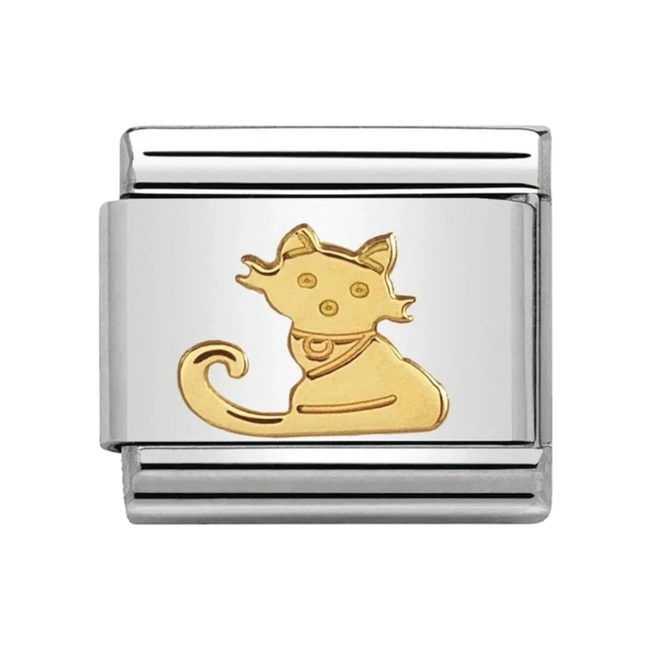 Niche Jewellery Nomination Classic charm featuring a gold seated cat on a polished stainless steel link.