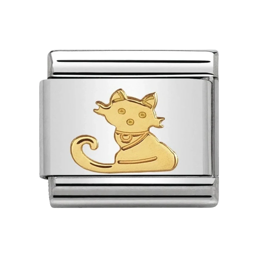Niche Jewellery Nomination Classic charm featuring a gold seated cat on a polished stainless steel link.