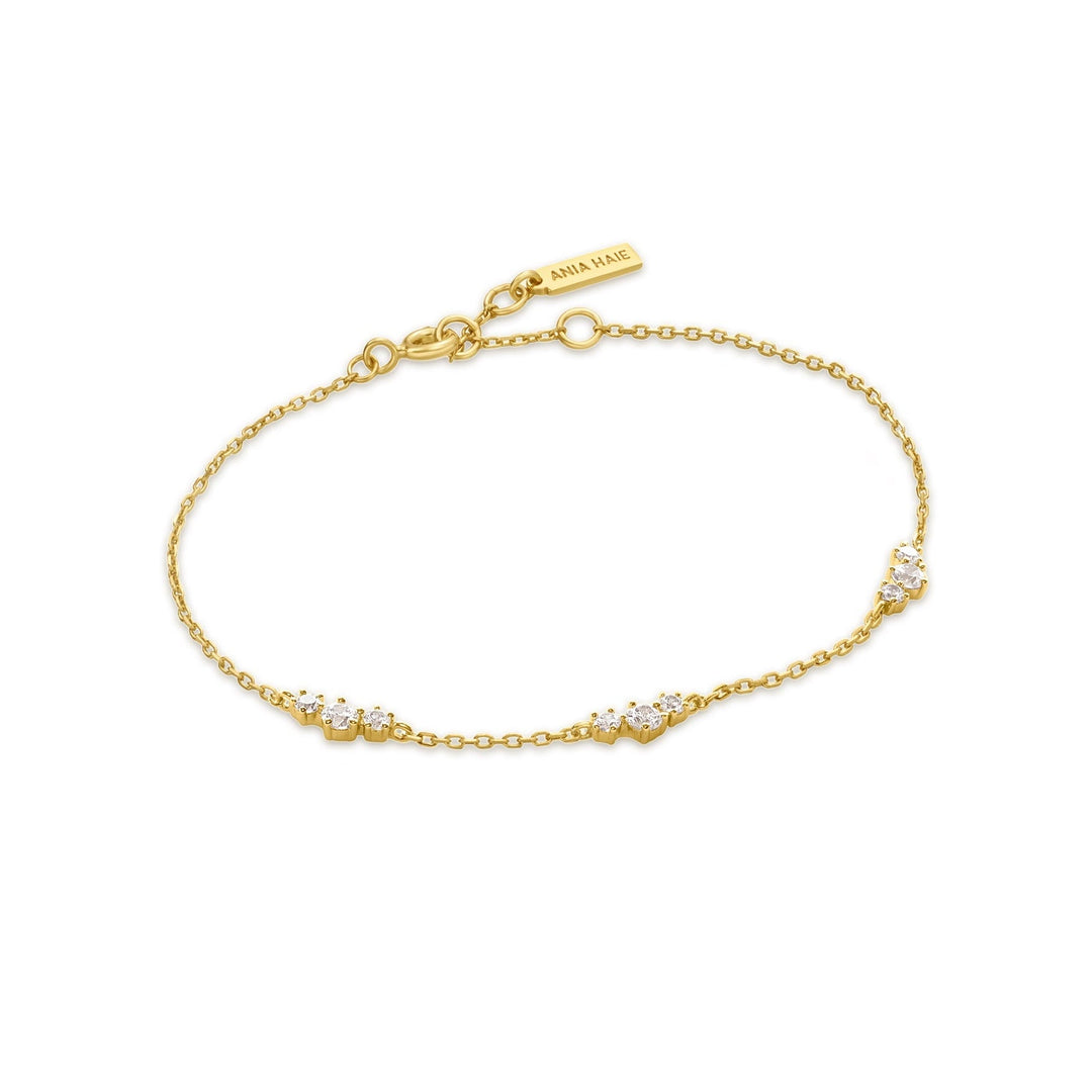 Niche Jewellery Ania Haie gold-plated chain bracelet featuring scattered cubic zirconia cluster stations.