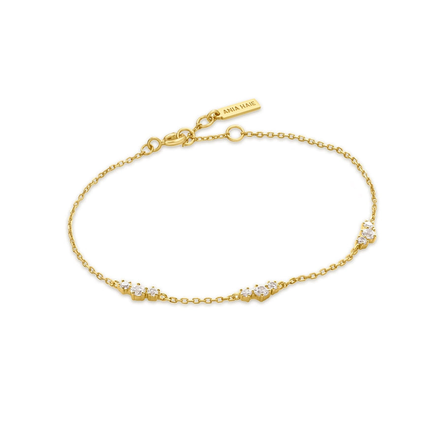 Niche Jewellery Ania Haie gold-plated chain bracelet featuring scattered cubic zirconia cluster stations.