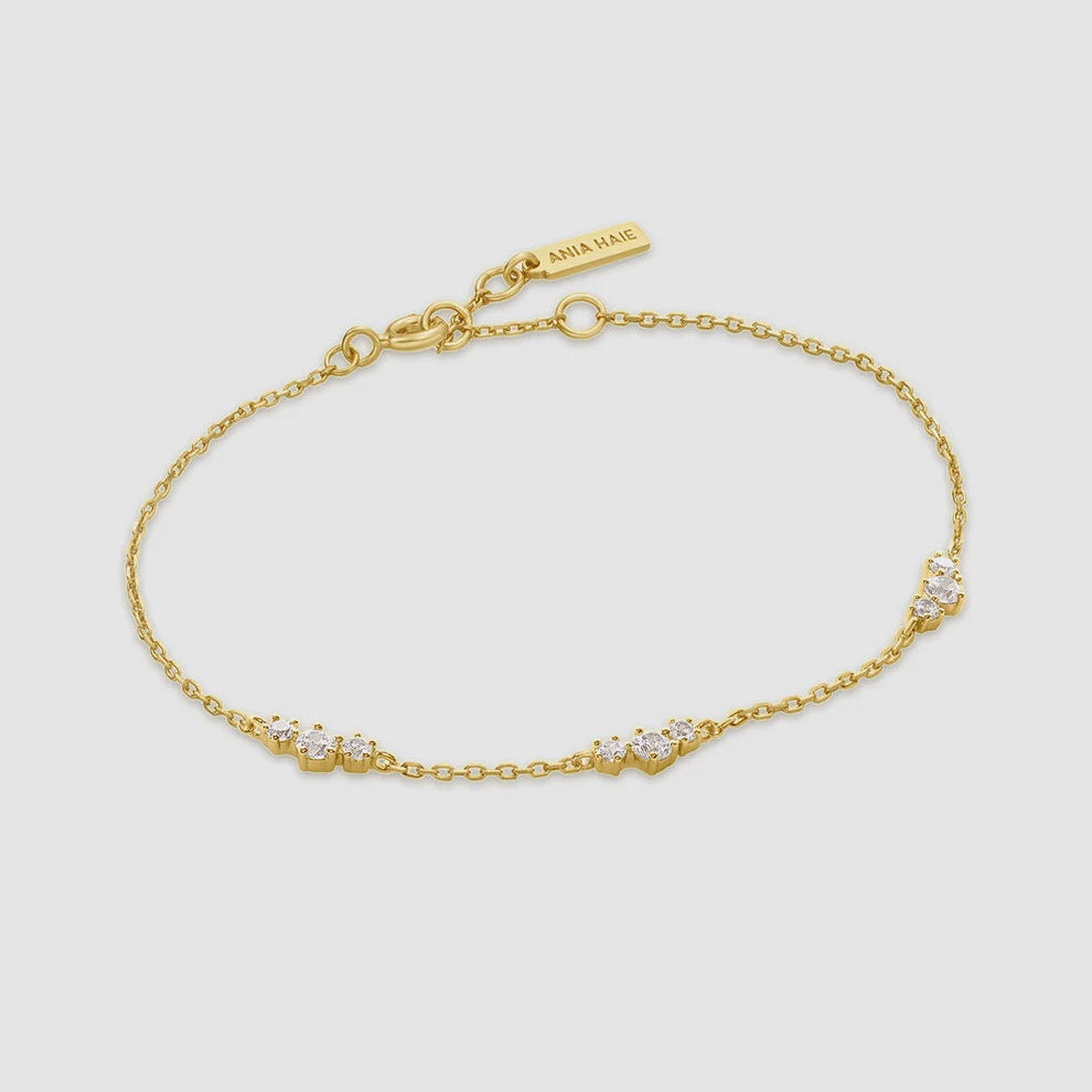 Niche Jewellery Ania Haie gold-plated chain bracelet featuring scattered cubic zirconia cluster stations.