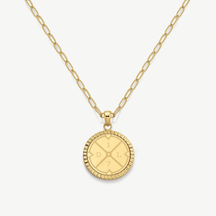 Niche Jewellery D.Louise gold compass pendant necklace on a chunky chain, crafted from waterproof, tarnish-free stainless steel.