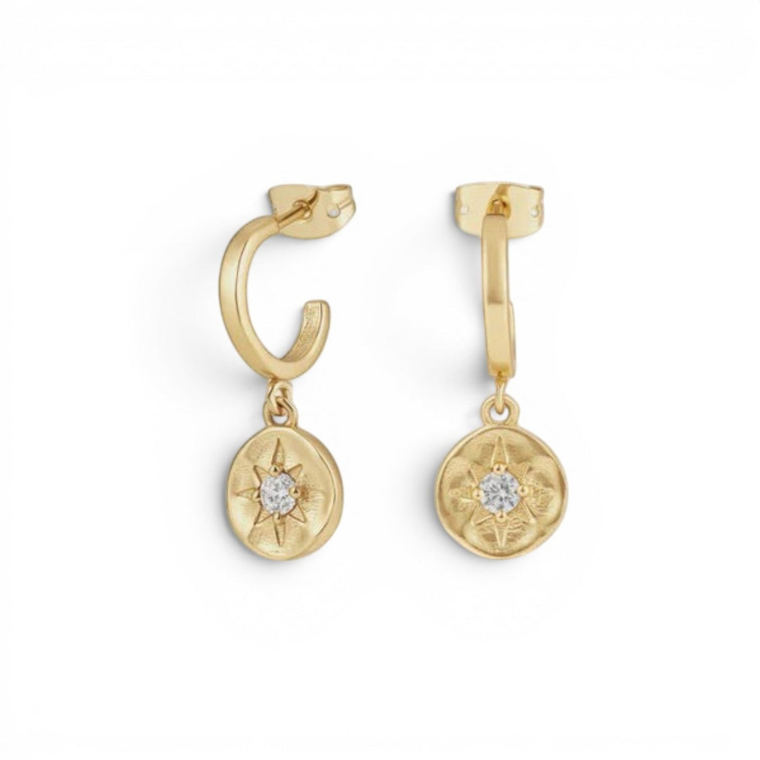 Niche Jewellery Formation Co Cosmic Diamante huggie earrings in 18k gold plated sterling silver with celestial star charms.