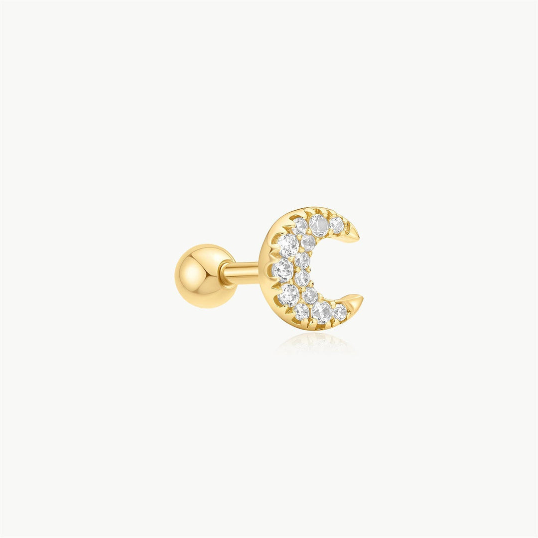 Niche Jewellery Ania Haie gold crescent moon barbell earring with sparkling pavé cubic zirconia stones.