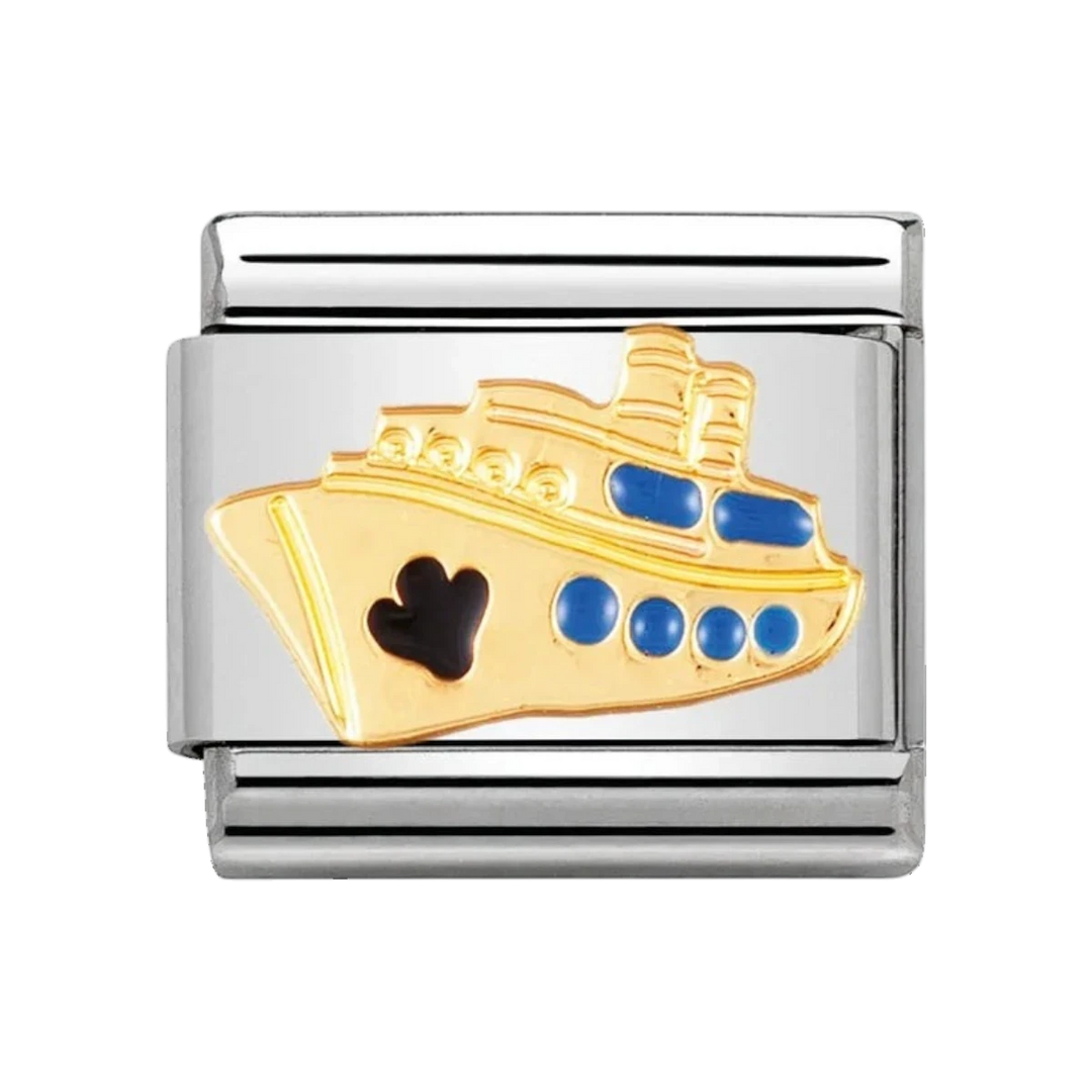 Niche Jewellery Nomination charm featuring a gold cruise ship with blue and black enamel on a stainless steel link.