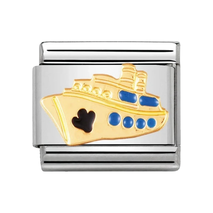 Niche Jewellery Nomination charm featuring a gold cruise ship with blue and black enamel on a stainless steel link.