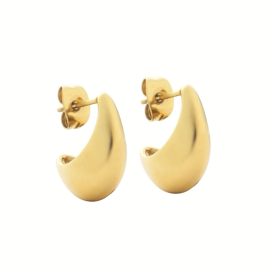 Niche Jewellery D. Louise mini gold hoop earrings with a curved, modern design. Waterproof and tarnish-free.