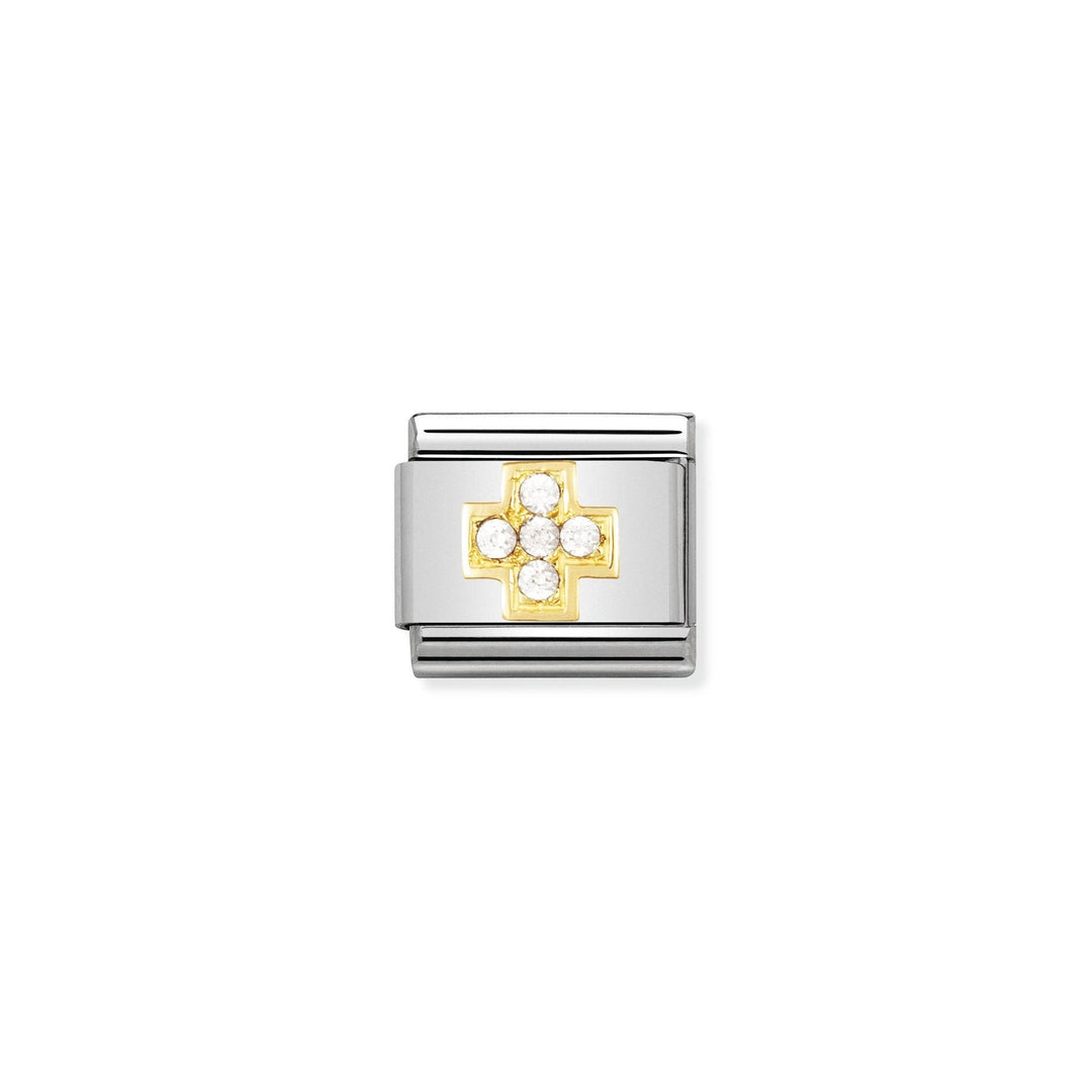 Niche Jewellery stainless steel charm with 18K gold cross inlay and white cubic zirconia stones.