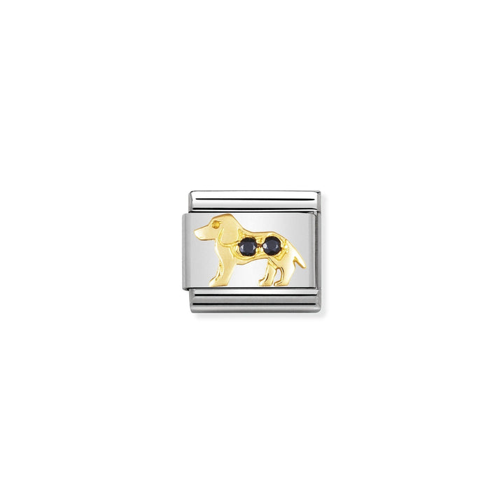 Niche Jewellery gold dog charm with black zirconia eyes on a stainless steel base, perfect for Nomination bracelets.