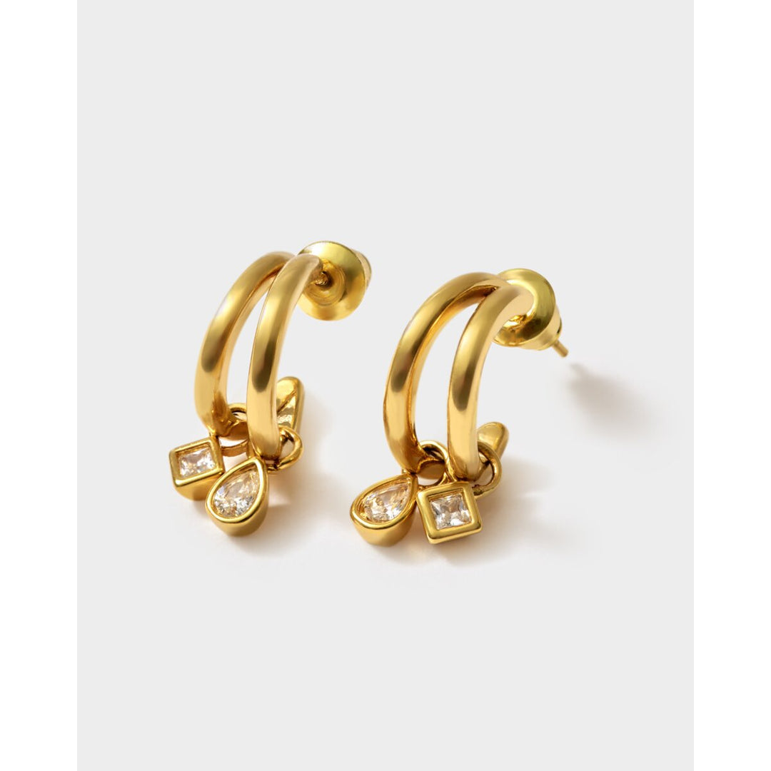 Niche Jewellery Katie Loxton gold-tone double hoop earrings with sparkling square and pear-shaped drop charms.