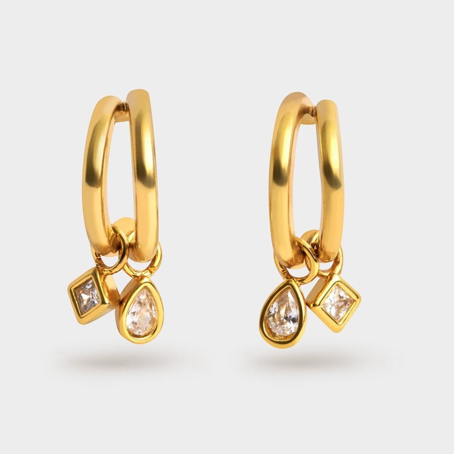 Niche Jewellery Katie Loxton gold-tone waterproof drop earrings featuring double hoops and sparkling crystal charms.