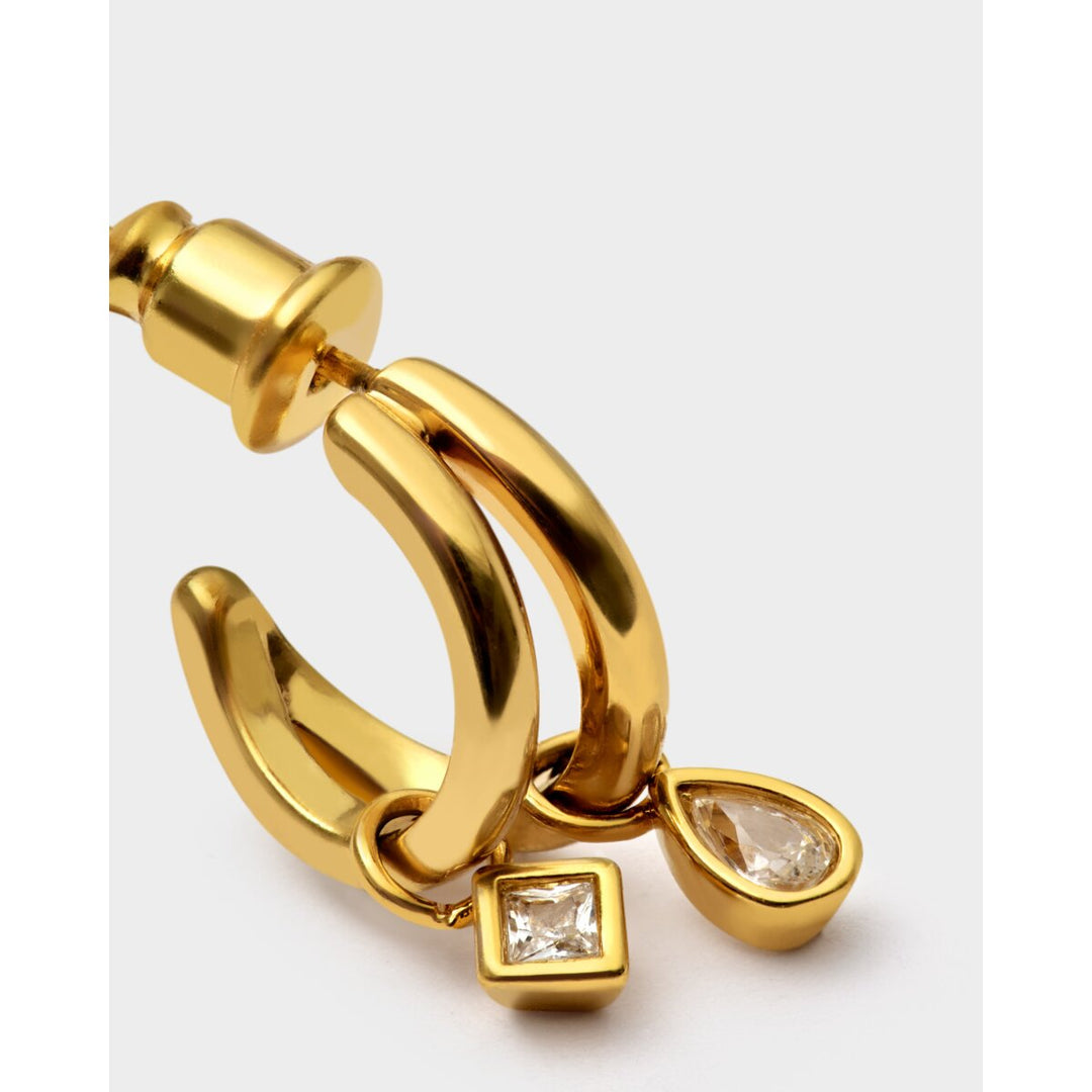 Niche Jewellery Katie Loxton gold waterproof double hoop earrings with small square and pear-shaped crystal drops.