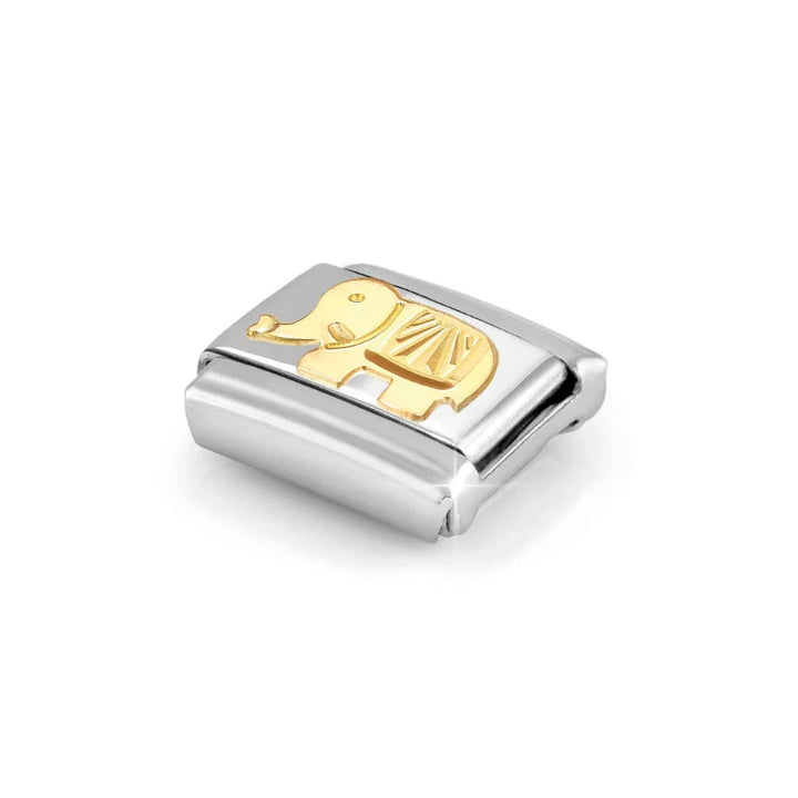Niche Jewellery Nomination charm featuring a gold elephant on a stainless steel link with a sunray bezel design.
