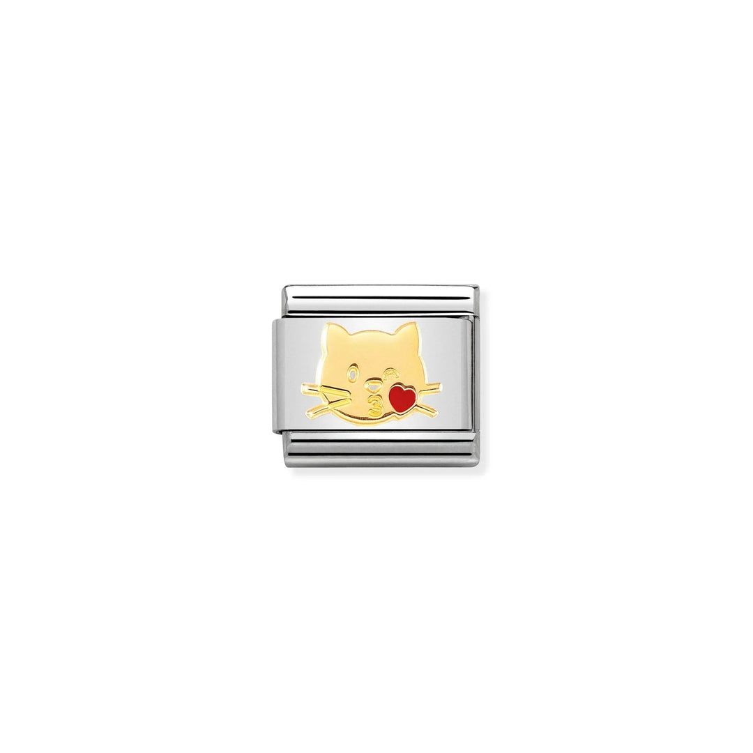 Niche Jewellery Nomination charm featuring a gold cat face with a red enamel heart on a stainless steel link