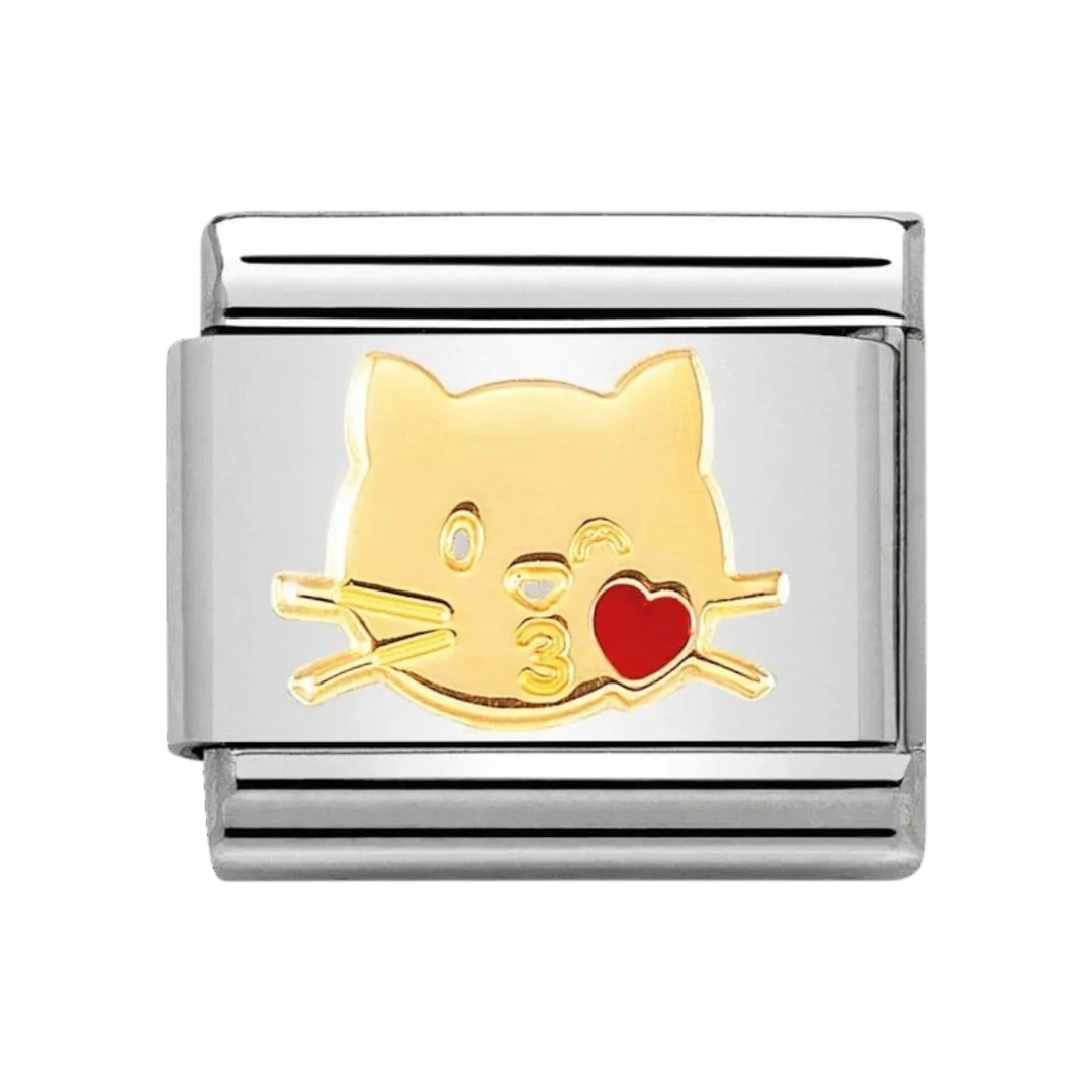 Niche Jewellery Nomination charm featuring a gold cat face with a red enamel heart on a stainless steel link.