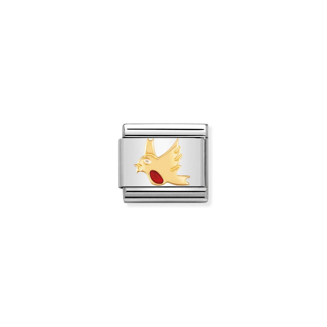 Niche Jewellery Nomination gold and enamel robin charm on a stainless steel and 18k gold link for a charm bracelet.