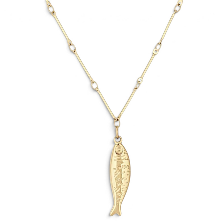 Niche Jewellery Formation Co gold-plated Selkie fish pendant necklace with a unique textured chain.