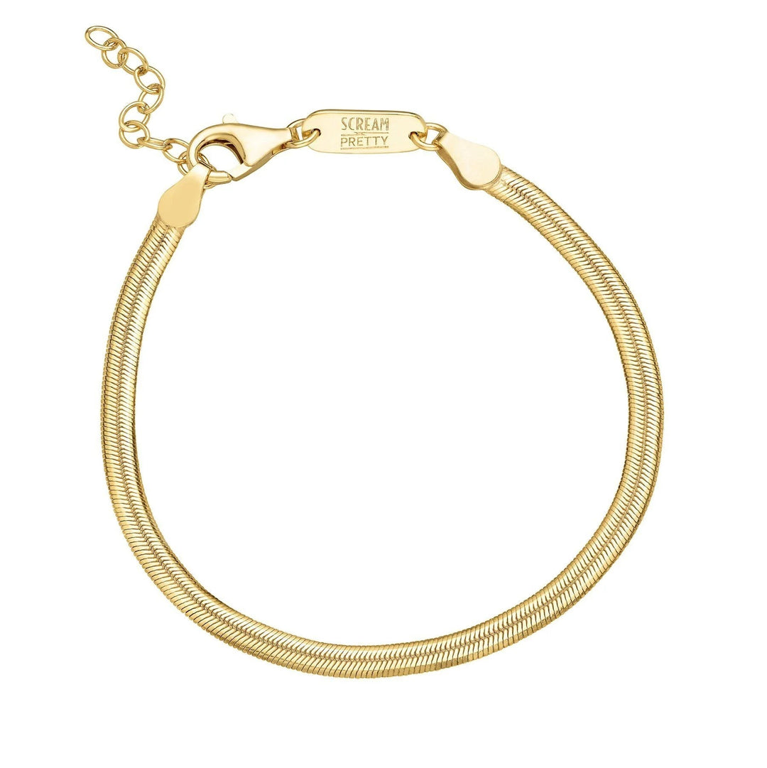Niche Jewellery Scream Pretty gold-plated sterling silver flat snake chain bracelet with an adjustable clasp.