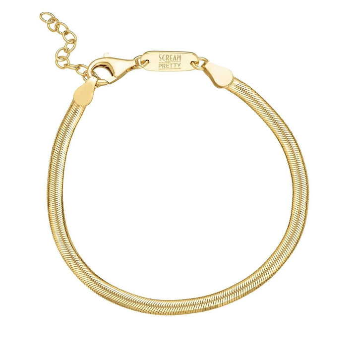 Niche Jewellery Scream Pretty gold-plated sterling silver flat snake chain bracelet with an adjustable clasp.