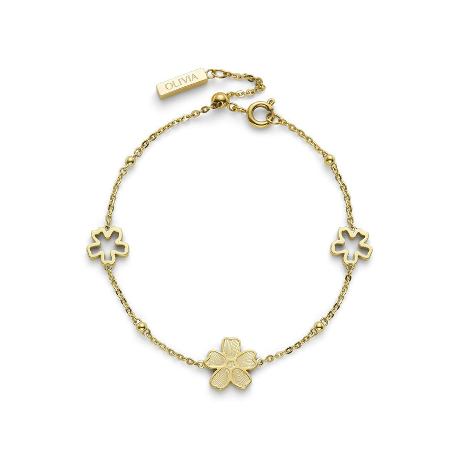 Niche Jewellery Olivia Burton gold-plated bracelet featuring delicate forget-me-not flower charms on a fine chain.