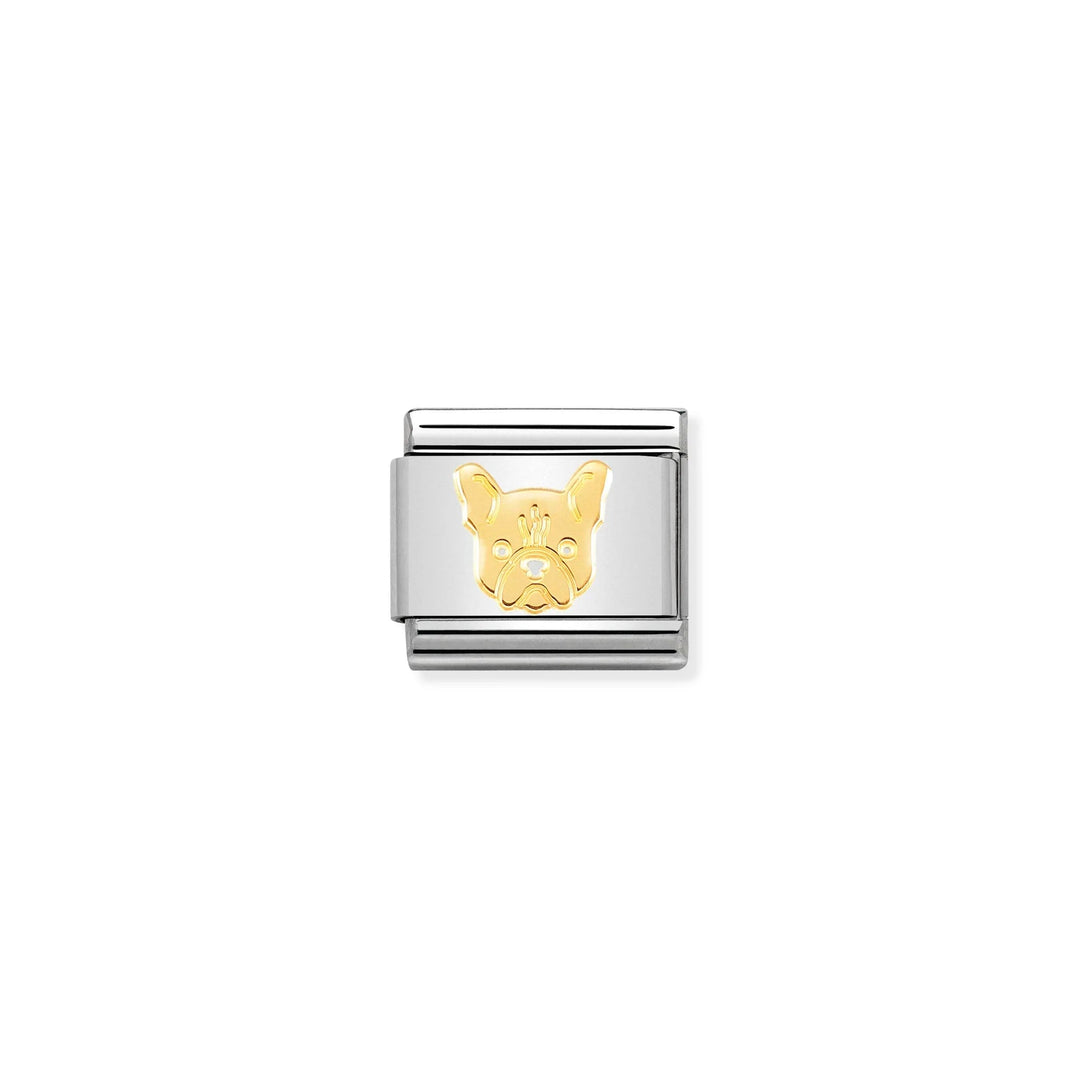Niche Jewellery Nomination Classic charm featuring a gold French Bulldog face on a stainless steel link