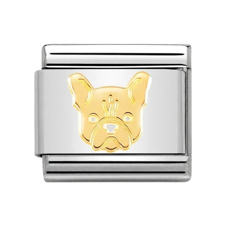 Niche Jewellery Nomination Classic charm featuring a gold French Bulldog face on a stainless steel link