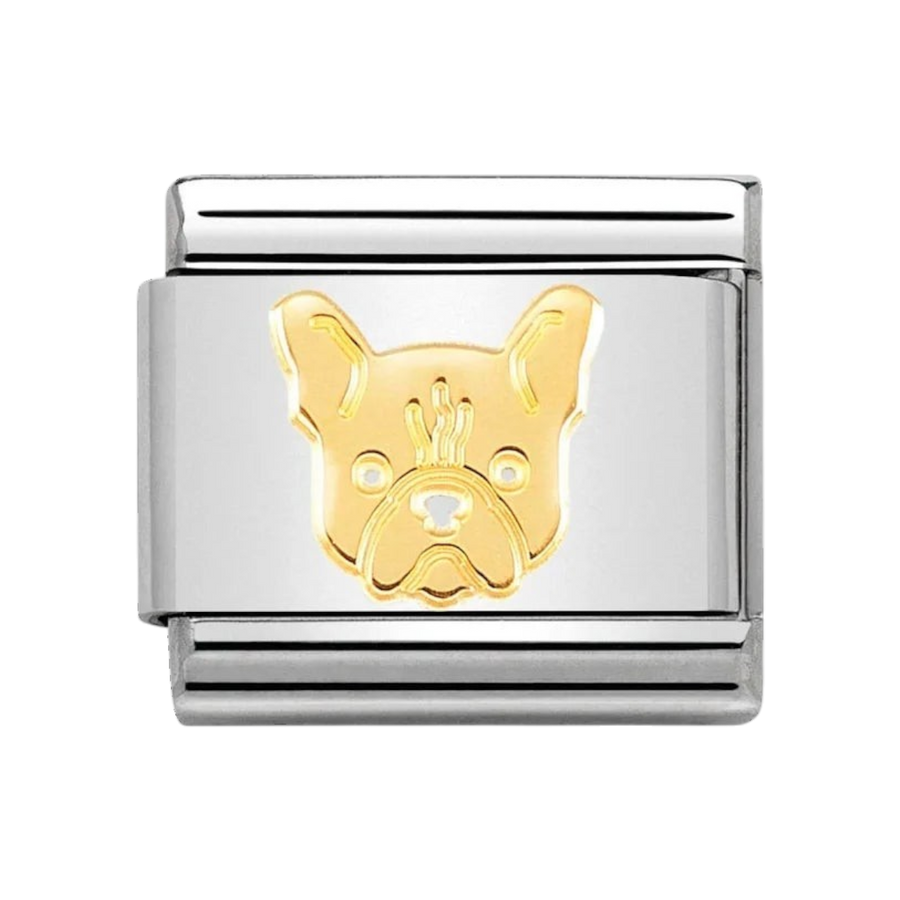 Niche Jewellery Nomination Classic charm featuring a gold French Bulldog face on a stainless steel link