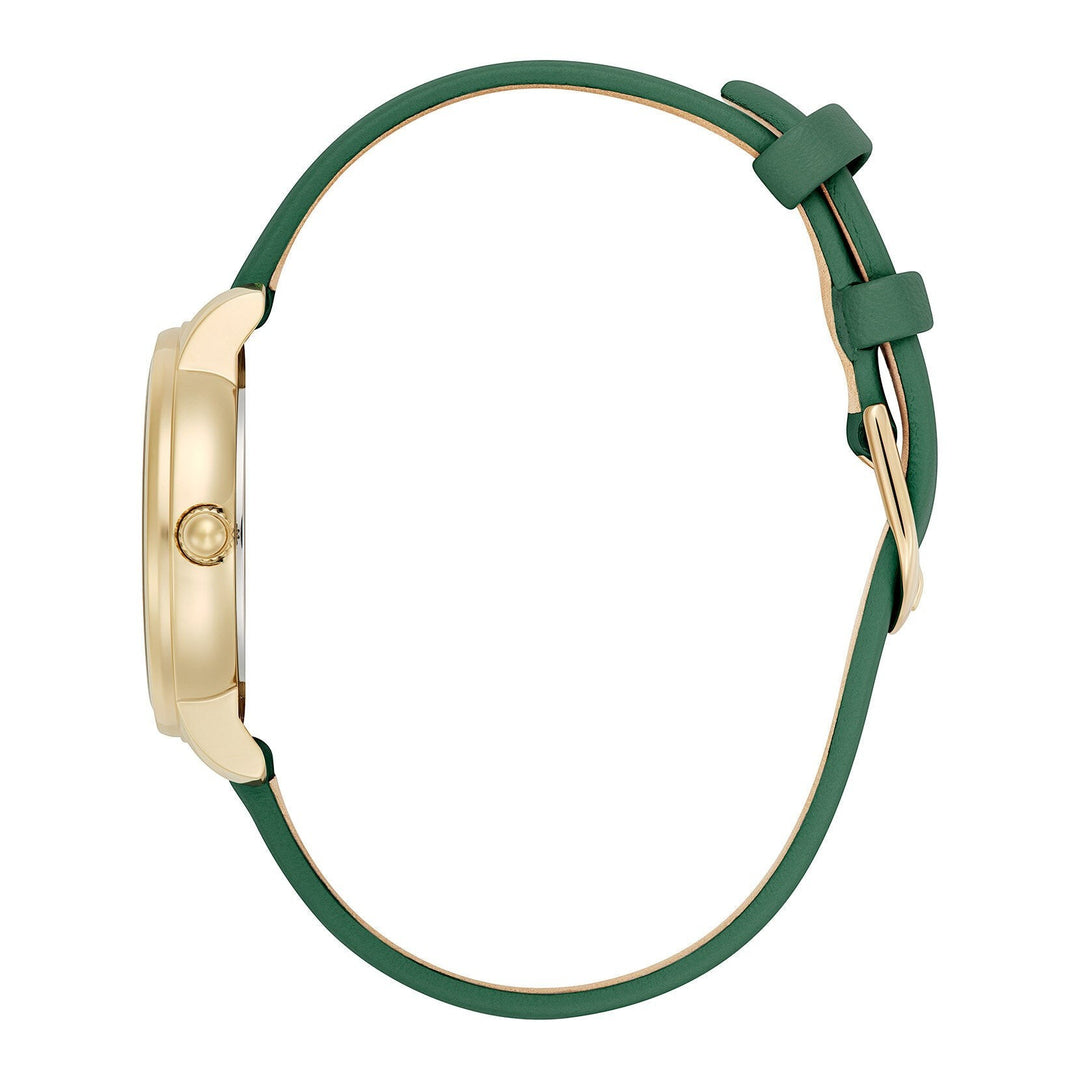 Niche Jewellery Olivia Burton Westbourne watch with a gold-tone case and deep green leather strap, side view