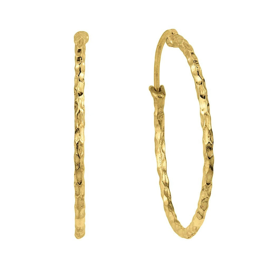 Niche Jewellery Charlotte's Web gold hammered hoop earrings with a textured finish, handmade from recycled brass.