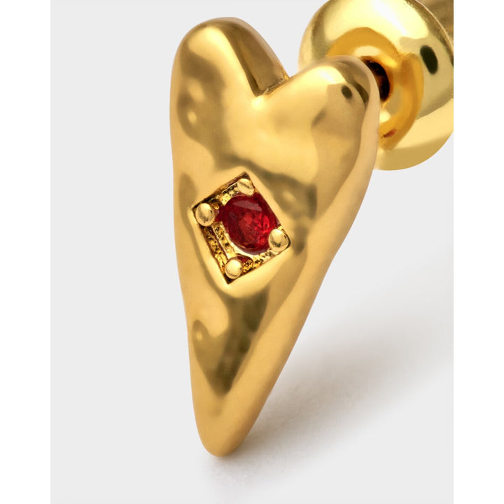 Niche Jewellery Katie Loxton gold heart stud earring with a small red stone detail, waterproof design.