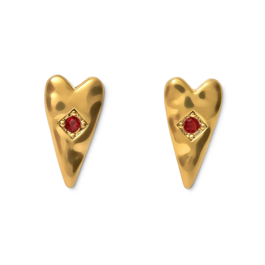 Niche Jewellery Katie Loxton gold-tone heart earrings with a central red stone, waterproof design.