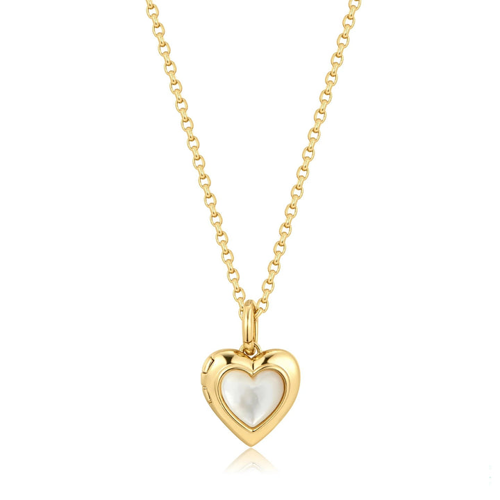 Niche Jewellery Ania Haie gold heart locket necklace with a mother of pearl inlay on a delicate chain.