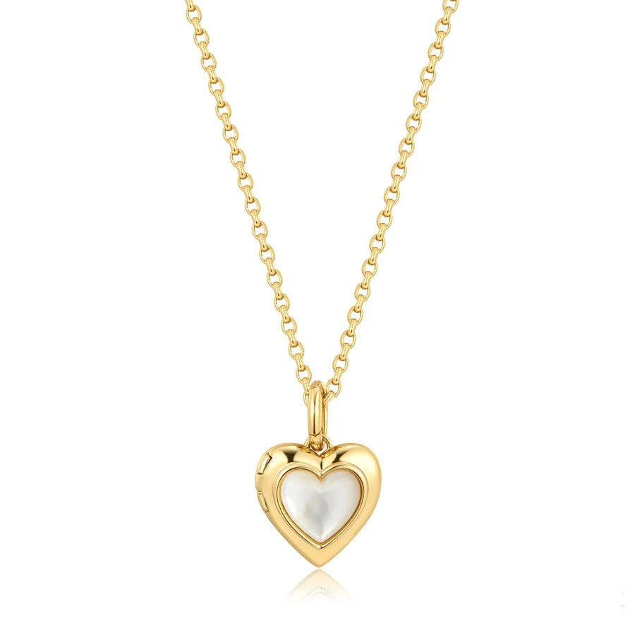 Niche Jewellery Ania Haie gold heart locket necklace with a mother of pearl inlay on a delicate chain.