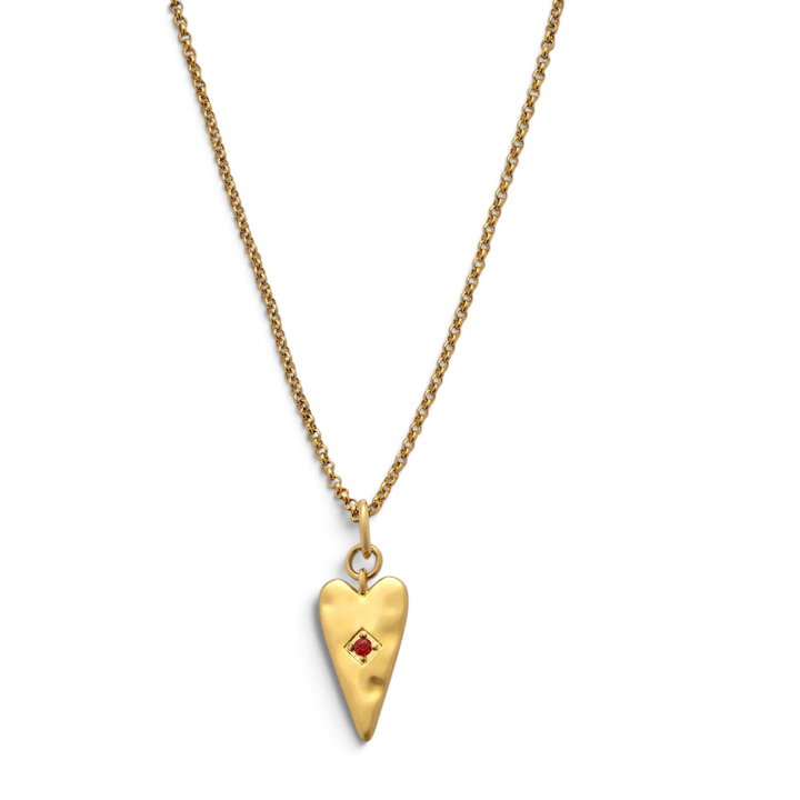 Niche Jewellery Katie Loxton gold-tone necklace featuring a textured heart pendant with a small red stone center.